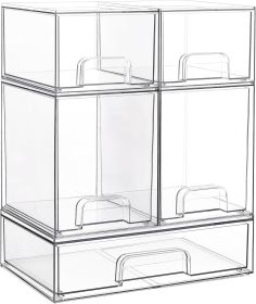 Stackable Storage Drawers Set of 5, Clear Plastic Organizer Bins for Baby Bottle, Beauty Supplies Storage, Ideal for Kichen Countertop, Vanity