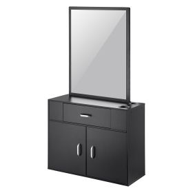 Salon Organizer, Wall-Hanging Unit for Hairdressers, Complete with 3 Holders, Mirror, Dual-Door Storage, and Single Drawer, Black