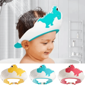 Adjustable baby hair washing waterproof cap - Soft silicone shower mask - Children's splash proof hair care cap, cute dinosaur design shower cap (Color: Red)
